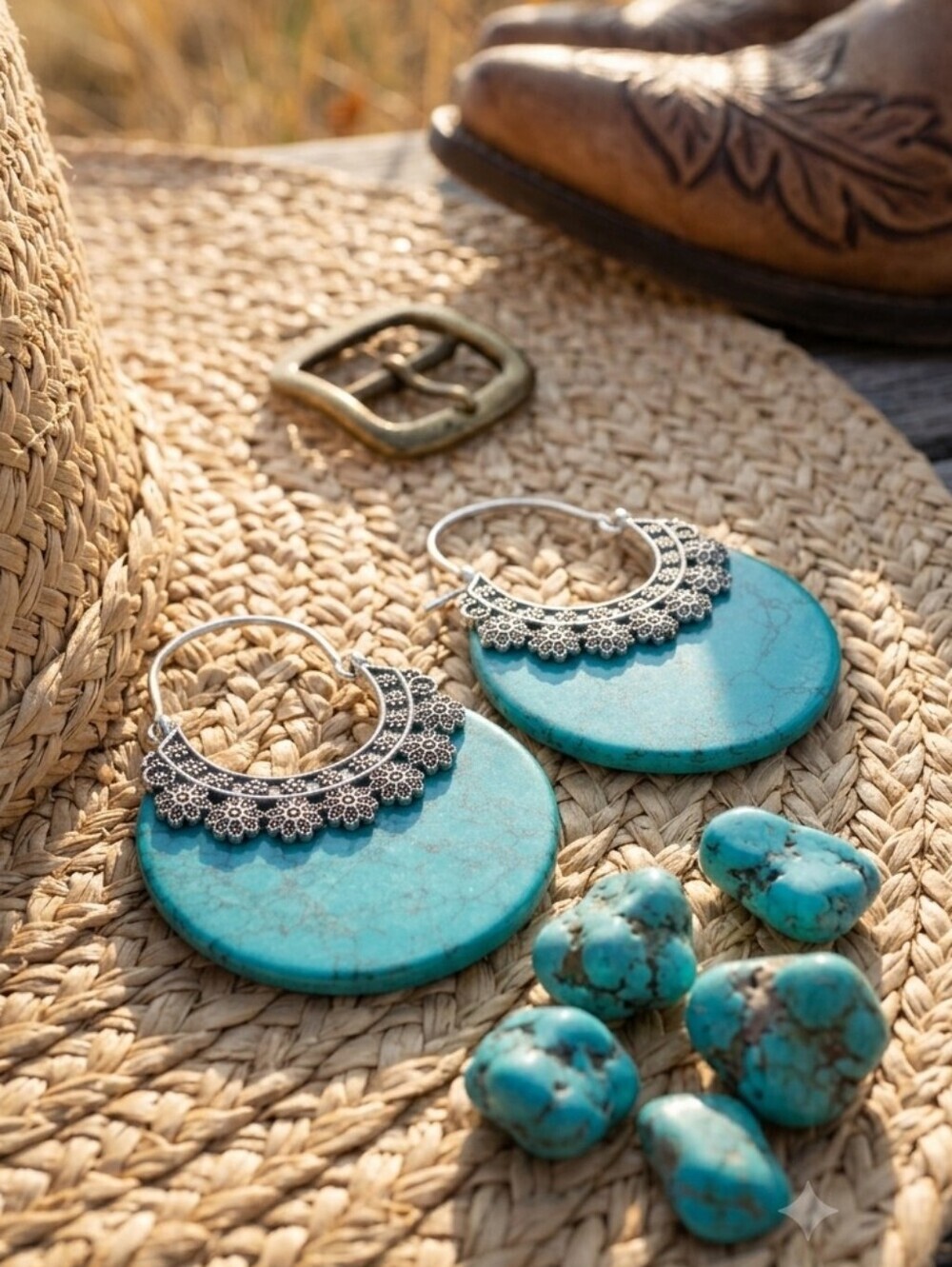 Turquoise Stone Crescent Hoop Earrings 925 Silver Plated Southwestern Artisan 2" - Picture 12 of 16